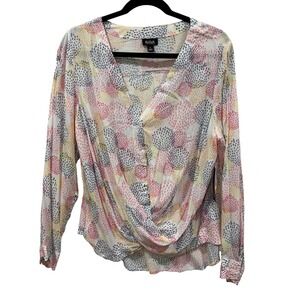 ana a new approach Womens Ivory Print Twist Front Long‎ Sleeve Blouse Top Large